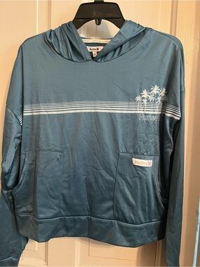 Hurley woman’s Teal Blue Hooded Pullover with Palm Stripe Graphic super soft!